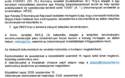 Hirdetmény Igar község településrendezési eszközök módosítását megelőző tanulmányterv vélemény